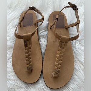 Rainbow Tan Braided T-Strap Sandals
